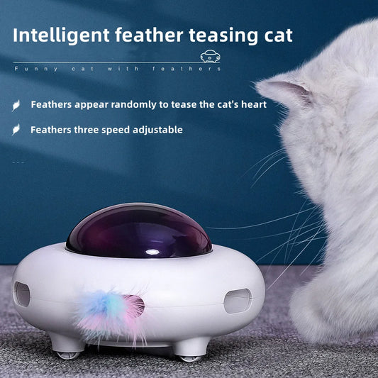 Smart UFO Cat Teaser Toy with Replaceable Feathers 🐾✨ Interactive Pet Turntable for Endless Feline Fun 😺